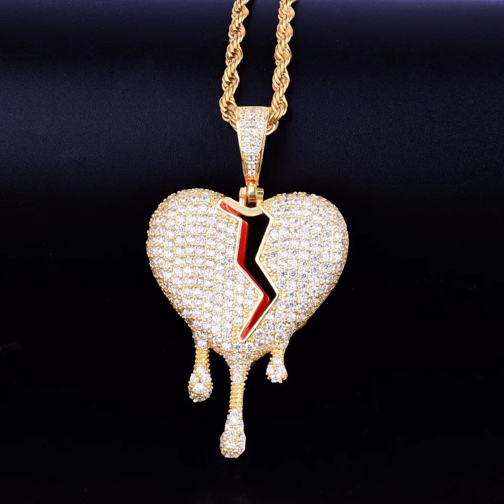  Men Drip Heart Necklace With Pendant Cubic Zircon